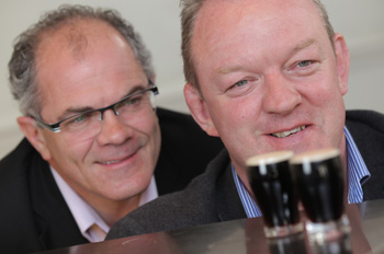 If it looks like a Guinness, tastes like a Guinness..... then it could just be Guinness Mid-Strength - (from left): to Guinness Master Brewer Fergal Murray and former Irish rugby international (and Guinness Mid-Strength ambassador) Mick Galwey things look a little dark.